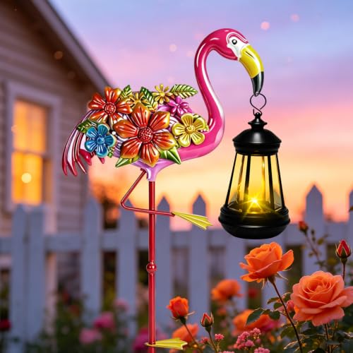 Solar Flamingo Garden Lights Outdoor, 28" Metal Stake Statue with Lantern - color: Flamingo