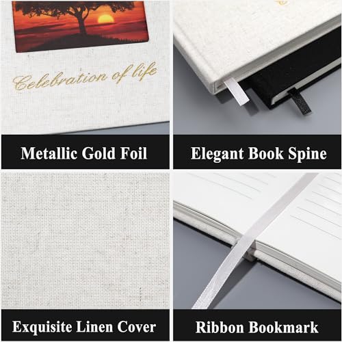 SUNEE Funeral Guest Book for Memorial & Funeral Services – in Loving Memory Funeral Book, Celebration of Life Guest Book with 100 Lined Pages, Table Sign, Ribbon Bookmark and Linen Hardcover, Beige - color: Beige