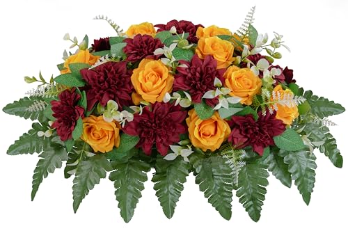 XIAYAN Artificial Cemetery Flowers Saddle for Headstone, Realistic Orange Silk Roses & Wine Red Dahlia - Outdoor Grave Decorations with Non-Bleed Colors (Orange+Wine Red Saddle) - color: Orange+wine Red Saddle