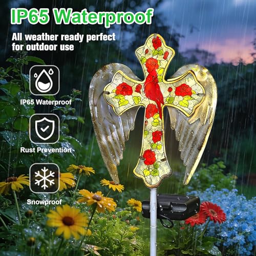 Solar Cross Lights Outdoor, Solar Cardinal Stake Lights Cemetery Decorations for Grave, Jesus Cross Sympathy Memorial Gifts for Women Mom Christmas, Glass Garden Art for Cemetery Yard Patio - style: 1 Pack Cardinal Cross