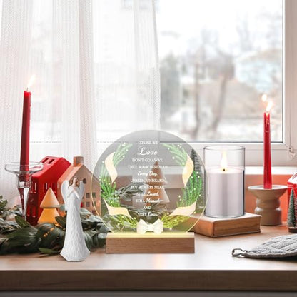 Memorial Gift Loss of Mother, Acrylic LED Candle Angel,Round,Pine | Sympathy Bereavement for Grandmother in Heaven, Clear Acrylic Wood Base, Angel Ornament, Mothers Day Remembrance Decor