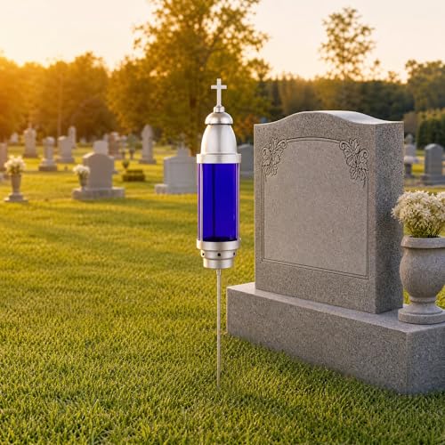 Silver Blue Cemetery Candle Holder for Grave, Cross Memorial Lantern, Cemetery Grave Decoration for Grave Markers