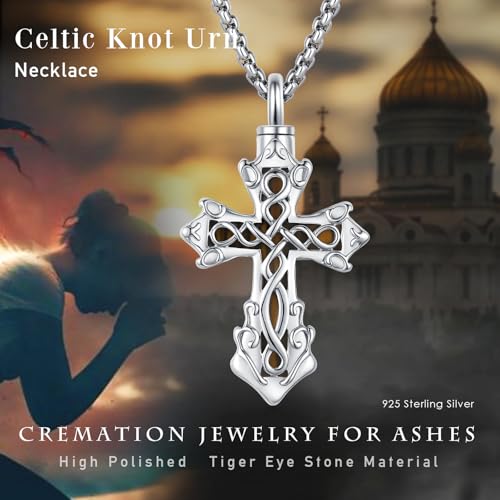 925 Sterling Silver Celtic Cross Urn Necklace for Ashes | Memorial Keepsake Cremation Catholic Jewelry for Men Women - color: silver-e
