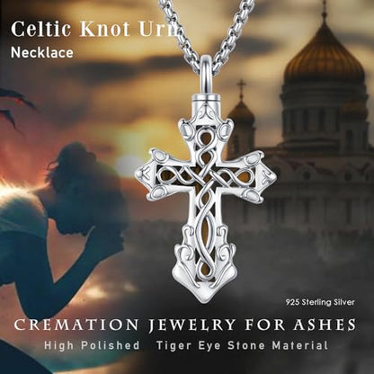 925 Sterling Silver Celtic Cross Urn Necklace for Ashes | Memorial Keepsake Cremation Catholic Jewelry for Men Women - color: Silver-E