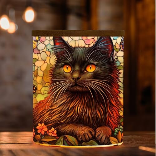 Stained Glass Black Cat Memorial Tea Light Holder Candle Jar Vintage Glass Candlesticks, Animal Votive Candle Holders Tealight with Bamboo Lid, Colorful Flowers Tea Light Holder for Lost Pet - color: Black Cat