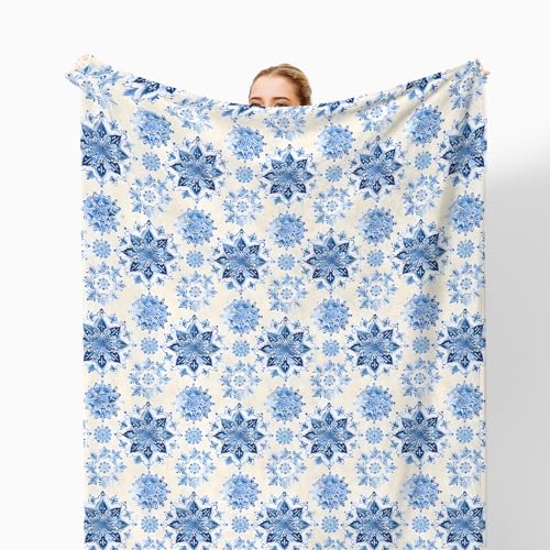 Winter Blue Snowflake Throw Blanket for Couch, Snowflake Christmas Decor, Vintage Blue and White Porcelain Floral Throw Blanket for Bedroom Living Room Home Decoration, 50x60 Inches - color: Color_19