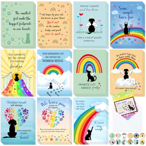 Motiskyy 48 Pack Pet Sympathy Cards for Dogs Cats Loss Sympathy Card Bulk with Envelopes and Stickers Loss of Pet Dog Cat Rainbow Bridge Condolences Gifts - style: Bright