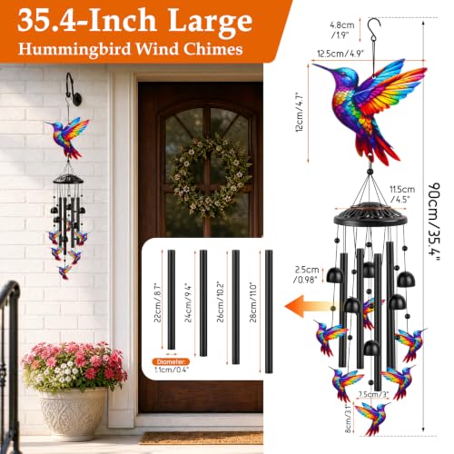 Aluminum Hummingbird Wind Chimes for Outside, Metal Garden Treasures Wind Chime with 4 Durable Tubes & 6 Bells, Unique Grandma Garden Gifts Box & Card Included, 35.4" (Colorful) - color: Colorful