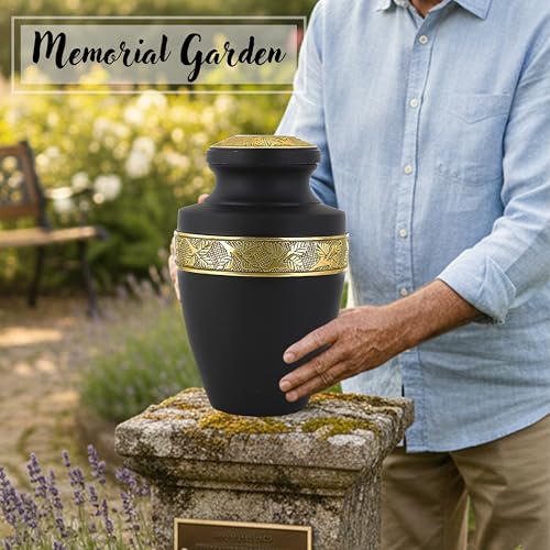 CLEENTABLE Aluminum Cremation Urn for Human Ashes, 11 in. (Black & Gold) - color: Matt Black Metallic Gold, size: Hand-Etched Leaf - 7x11"