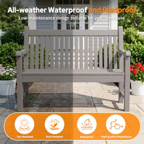 2-Person Outdoor Bench with 700 Lbs Weight Capacity, Grey | Poly Lumber Weatherproof Garden Bench Seating for Porch, Balcony and Park, All-Weather Patio Bench Furniture - color: Grey