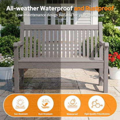 2-Person Outdoor Bench with 700 Lbs Weight Capacity, Grey | Poly Lumber Weatherproof Garden Bench Seating for Porch, Balcony and Park, All-Weather Patio Bench Furniture - color: Grey