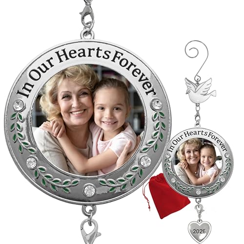 Memorial Christmas Photo Ornaments 2026, Set of 2 Remembrance Keepsakes with in Our Hearts Forever Sentiment, Clear Gems, Floral Accents, Dove Hooks and Gift Storage Bags, Holds 2 Inch Photos, 3 Inch - size: 2 Pack