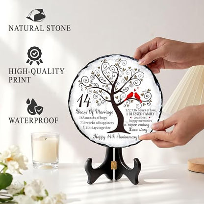 14th Anniversary Wedding Gift for Her Him – Natural Slate Stone Plaque, 14 Year Anniversary Idea Gifts for Wife Husband, Ivory 14 th Wedding Keepsake Gifts - color: 14th Anniversary