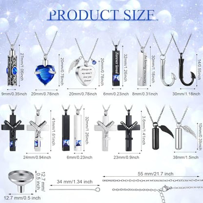 Huquary 16 Pcs Urn Necklace for Ashes Waterproof Stainless Steel Carved Ashes Locket with 8 Filling Kit Heart Cylinder Cross Cubic Fish Hook Jewelry for Ashes with Wing Diamond for Men Women - color: Blue