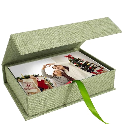 Photo Storage Box 4x6, Linen Photo Box - Grassgreen | Keepsakes and Jewelry, Connected Lid, for Photos, Certificates, Scrapbooking Supplies - color: Grassgreen, size: 4"x6"