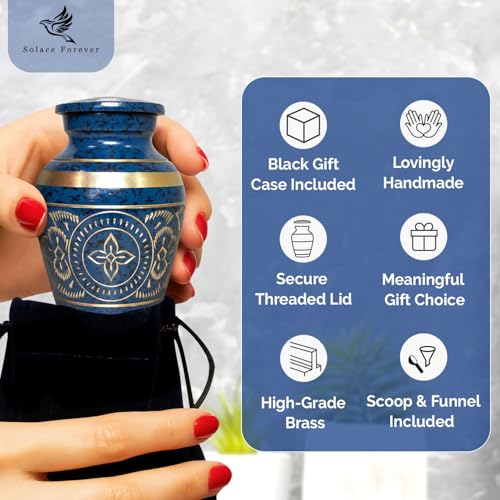 Small Urns for Human Ashes – Brass Hand-Engraved Funeral Keepsake with Elegant Blue Finish – Mini Cremation Memorial for Mom, Dad & Loved Ones - color: Blue