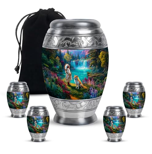Native American Funeral Urn for Ashes Adult Female and Male Cremation - Fox Funeral Urns for Ashes Brother - 1 Large Blue Urns for Memorial 10 Inch & 4 Keepsake Set, 3 Inch - color: Native American-5, size: combo-3