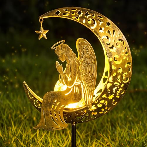 Gerrii Solar Angel Garden Statue Light Praying Outdoor Solar Stake, Waterproof LED Lawn Decor for Patio Yard Pathway, Memorial Housewarming Gift for Mom Grandma
