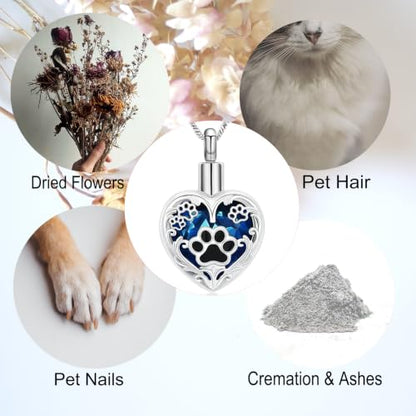 Yinplsmemory Pet Urn Necklace Pendant Jewelry for Dog Cat Memorial Crystal Heart Cremation Jewelry with Paw Print Ashes Keepsake Funeral Jewelry - color: Silver-blue