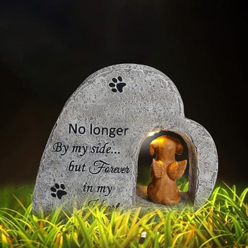 Solar Dog Pet Memorial Stone with A Angel Puppy Memorial Statue, Dog Grave Marker Or Garden Memorial Stone-No Longer By My Side But Forever in My Heart