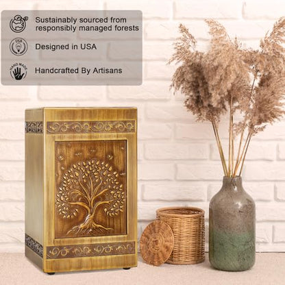 Wood Urn for Ashes for Women Tree of Life Carving Cremation Urns for Human Ashes Adult Male Female - Large 270 Cubic Inch, Funeral Memorial Decorative Urn Box with Satin Bag