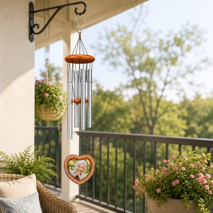 34 Inch Memorial Wind Chimes for Outside, Wooden Photo Frame Heart Pendant - color: Silver