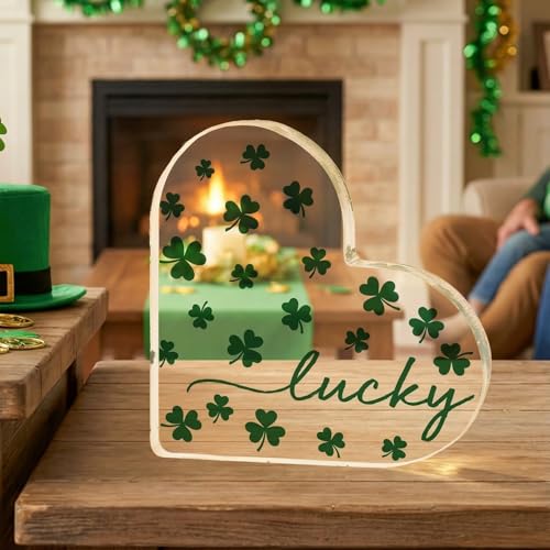Smile St. Patrick's Day Acrylic Decor - Heart-Shaped Lucky Four-Leaf Clover Tabletop Sign - Irish Holiday Home Mantel Shelf Decoration Gift - style: Four Leaf