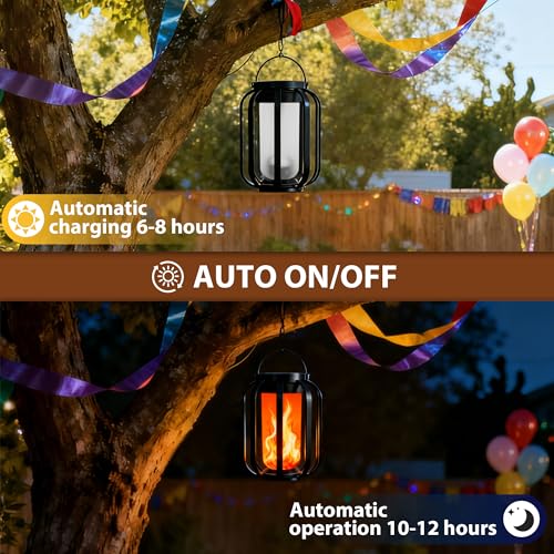 Solar Lanterns Outdoor Lights, 2 Pack Waterproof Flickering Flame Hanging Lights, Solar & USB Dual Charging, 2 Modes, Solar Pathway Lights for Yard, Garden, Patio, Tabletop, Holiday Decor
