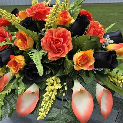 Headstone Saddle and Cemetery Cone Set with Orange and Black Rose Flowers for Halloween, Fall, and Motorcycle Biker Memorial Decoration