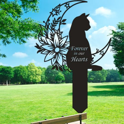 Cat Grave Marker Outdoor Memorial, 12in Metal Pet Memorial Plaque with Garden Moon Cat, Weatherproof Headstone for Yard or Indoor Tribute