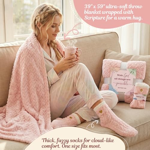 Christian Gifts for Women Faith, Religious Inspirational Catholic Encouragement Gift Sets, Unique Spiritual Christmas Birthday Gift Basket for Her Mom Grandma Sister Aunt Teacher Friend Wife w/Blanket - color: Pink