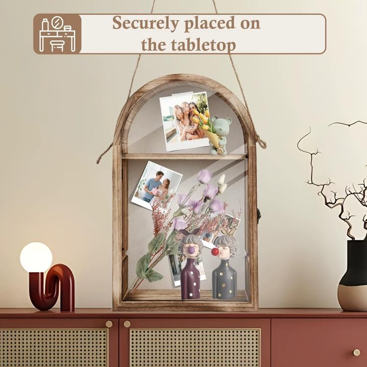 Large Shadow Box Frame with Storage Drawer - Deep Wood Memory Box Display Case with Hinged Door & Linen Back, Rustic Wedding Gifts for Bouquet, Medals, Photos & Pet Memorial Keepsakes (Brown)