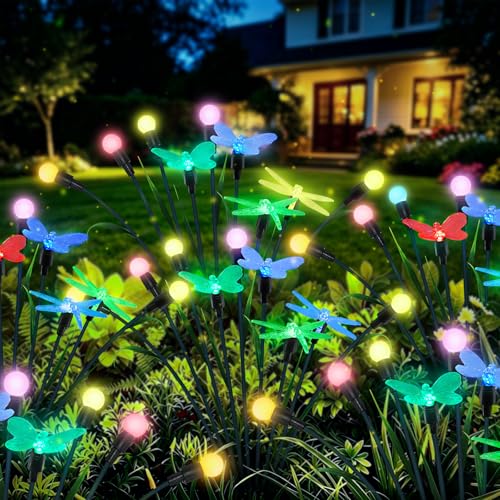 2 Pack Sway Solar Stake Lights, Color Changing Butterfly Dragonfly Firefly Solar Landscape Path Lights, IP65 Waterproof Auto Dusk to Dawn Decorative Lights for Yard Patio Lawn Holiday Wedding - color: Dragonfly buttfly