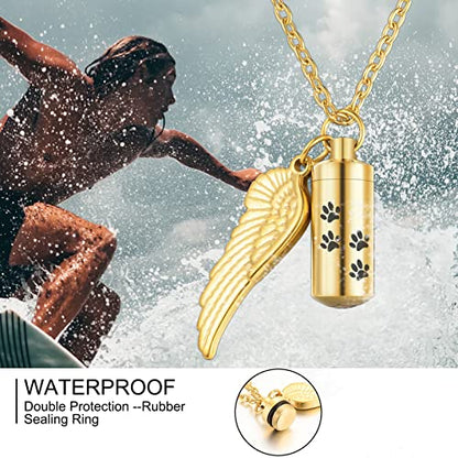 abooxiu Cylinder Cremation Urn Necklace with Angel Wing and Pet Paw - Ashes Keepsake for Dog/Cat Memorial Jewelry - color: Gold-S