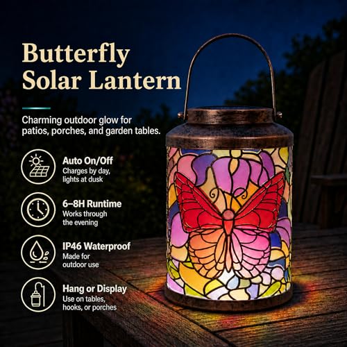 Solar Lanterns Outdoor Waterproof Butterfly Metal Hanging Light | Metal butterfly LED lantern with handle for hanging decor on patio, yard, porch, pathway and garden, gifts for women and mom - style: Butterfly