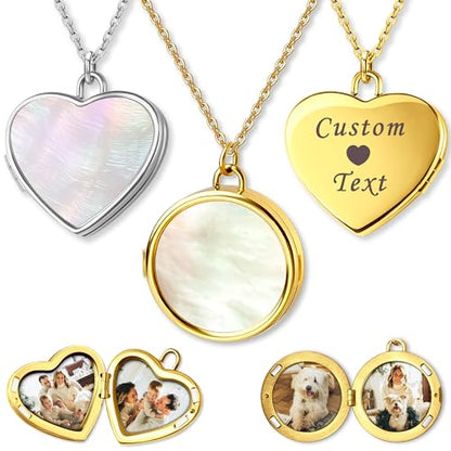 Anavia Personalized Photo Locket Necklace, Mother of Pearl Shell Handmade Custom Engraved Gold Plated Stainless Steel Pendant Necklace Jewelry Gift for Her Women Mother - color: Silver, size: Round