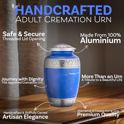 Marble Finish Metal Cremation Urn for Human Ashes, 200 Cu in, Blue - color: Blue, size: Large
