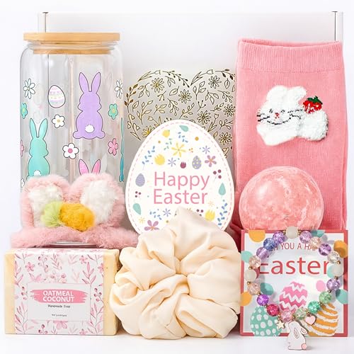 LUICONMO Easter Gifts for Teen Girls Women, Easter Baskets Stuffers for Teens Adults, Self Care Spa Gift Basket Spring Gifts Set Box with Bunny Theme Glass Cup - Brighten up Her Day! - style: Easter Gifts
