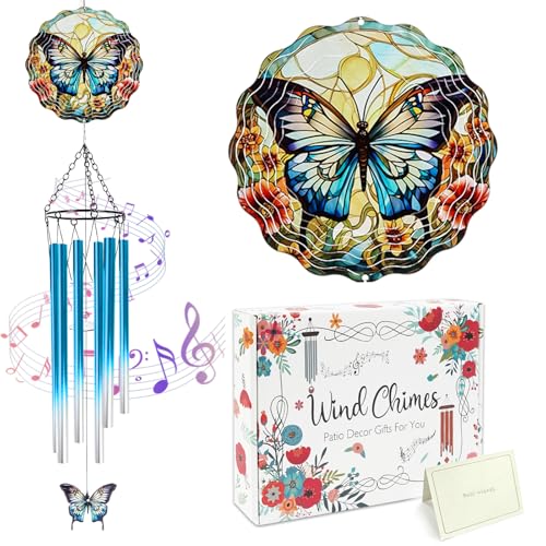 Butterfly Wind Spinner Chimes Outdoor - Hanging Garden Decor with Spinning Butterfly, Metal Wind Chimes for Patio, Yard, Backyard - Birthday Housewarming Gifts for Women/Mom/Grandma - color: Butterfly
