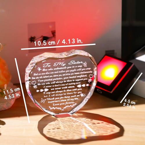 Arikyrist Sister Birthday Gifts from Sisters Brothers Crystal Heart Plaque | Adult Sister Gifts for Women, on Christmas Mothers Day Valentines Day, Sisters Keepsake, LED Light Base, Home Office - color: Sister