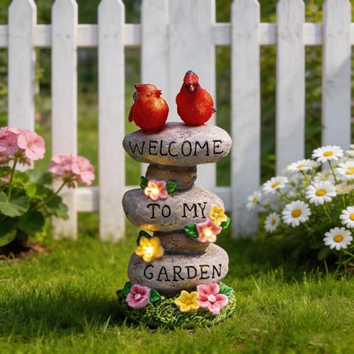 TERESA'S COLLECTIONS Cardinal Garden Decor with Outdoor Solar Lights 11" | LED light Garden Statues, Welcome Yard Sign Rocks & Flower Resin Valentines Decorations, Gifts for Mom Yard Decor