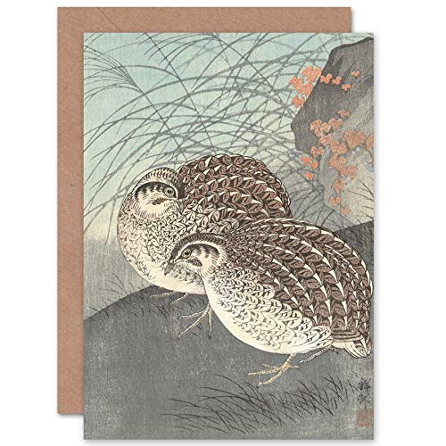 Artery8 Ohara Koson Two Quail Full Moon Japanese Painting Fine Art Greeting Card Plus Envelope Blank Inside - color: Two Quail