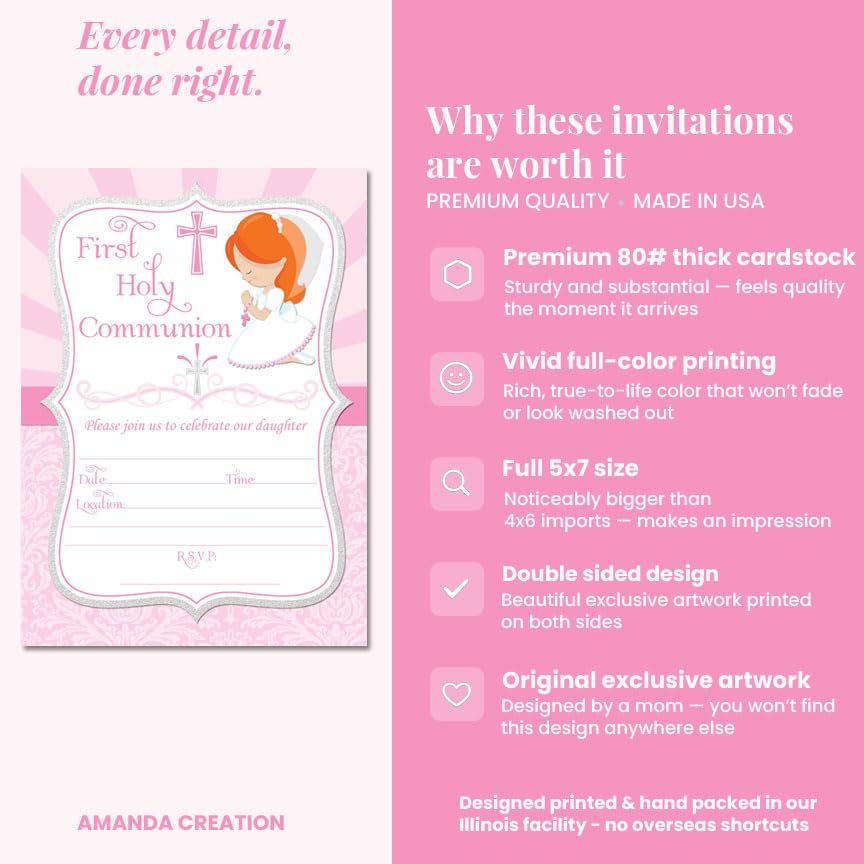 First Holy Communion Religious Party Invitations for Girls (Light Skin, Red Hair), 20 5x7 Fill In Cards with Twenty White Envelopes by AmandaCreation - style: Light Skin, Red Hair Girl