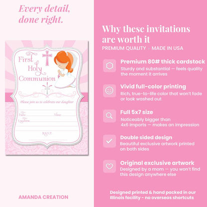 First Holy Communion Religious Party Invitations for Girls (Light Skin, Red Hair), 20 5x7 Fill In Cards with Twenty White Envelopes by AmandaCreation - style: Light Skin, Red Hair Girl