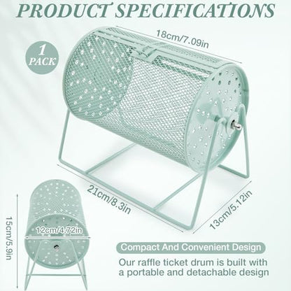 Teenyyou Raffle Drum, Holds 600 Tickets, Small, Integrated Rotary, Green | Metal Ticket Wheel Spinner with Stand, Raffle Ticket Cage for Games Events, Home Parties, School Rewards, 7.09 x 4.72 Inch - color: Green, size: 7.09" X 4.72", Small, style: Integr