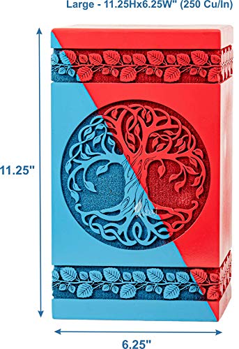 Wooden Cremation Urn for Human Ashes, 250 Cu in, X-Large, Blue & Red | Hand-carved wood, blue and red, screw-locked sliding base, engraving available, holds up to 250 lb - color: Blue & Red, size: Large - 11.25Hx6.25W (250 Cu/In)