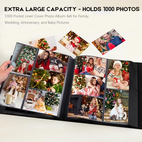 Aevdor Large Capacity 4x6 Photo Album, 1000 Photos, Linen Cover, Black | Black Inner Pages, 3 Horizontal and 2 Vertical Pockets per Side, Front Photo Window, Family, Wedding & Travel Memories - color: Black