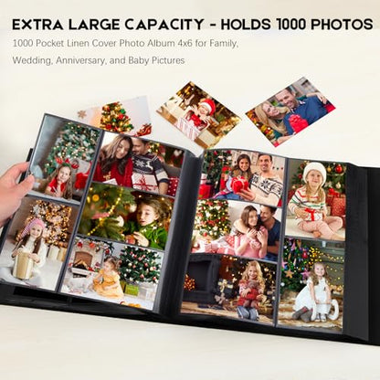 Aevdor Large Capacity 4x6 Photo Album, 1000 Photos, Linen Cover, Black | Black Inner Pages, 3 Horizontal and 2 Vertical Pockets per Side, Front Photo Window, Family, Wedding & Travel Memories - color: Black