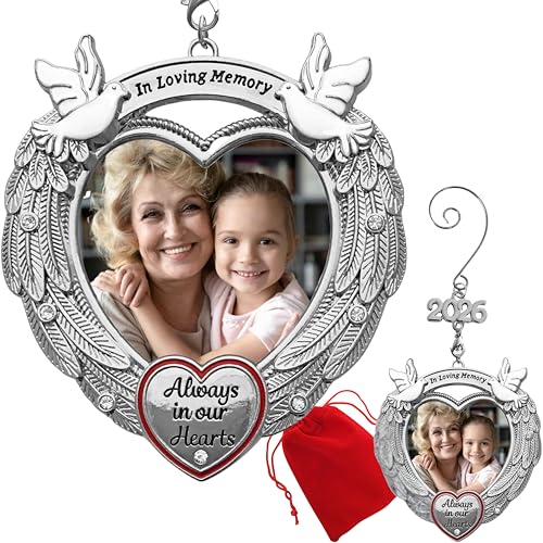 2026 Memorial Photo Ornament with Angel Wings & Doves, Christmas Picture Ornament with Crystal Accent, Sympathy Keepsake Gift, Holds Photo, Silver Finish, 3 Inch, Storage Gift Bag Included