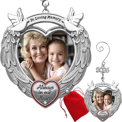 2026 Memorial Photo Ornament with Angel Wings & Doves, Christmas Picture Ornament with Crystal Accent, Sympathy Keepsake Gift, Holds Photo, Silver Finish, 3 Inch, Storage Gift Bag Included